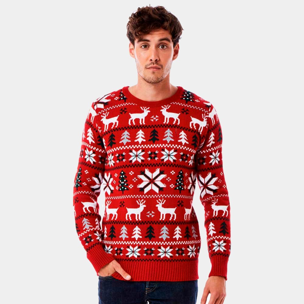 Mens Red Ugly Christmas Sweater with Reindeers, Trees and Polar Star 2021