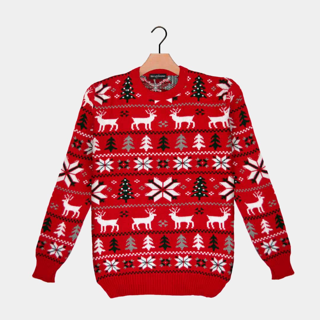Red Ugly Christmas Sweater with Reindeers, Trees and Polar Star 2021