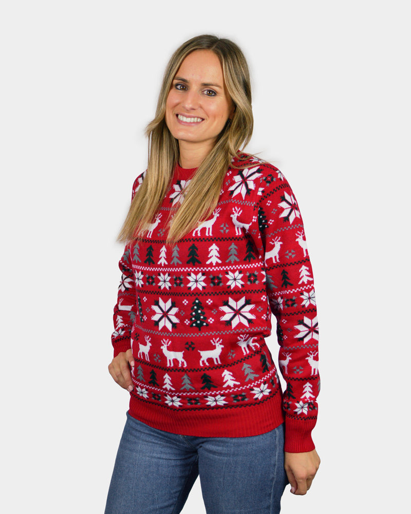 Womens Red Ugly Christmas Sweater with Reindeers, Trees and Polar Star