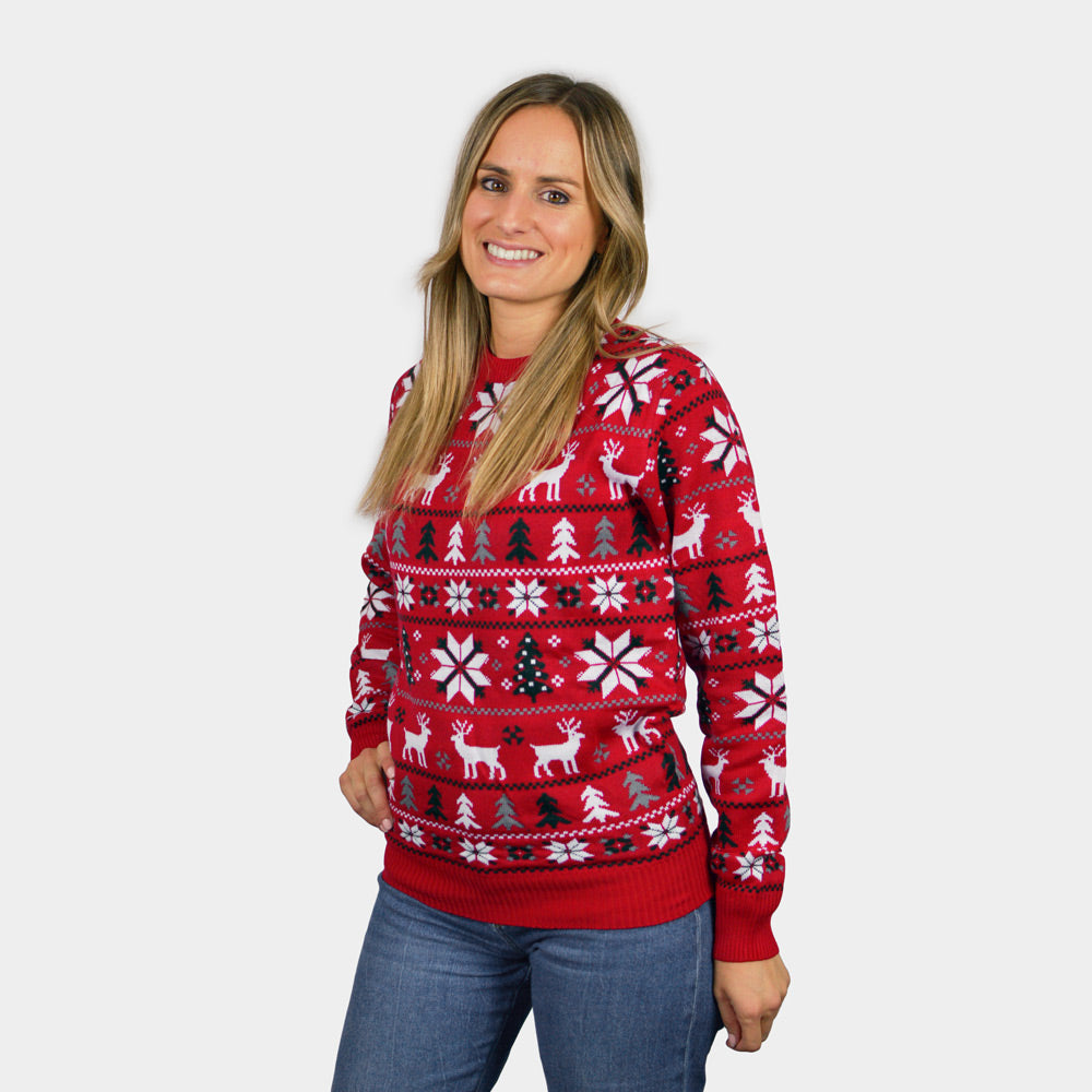 Womens Red Ugly Christmas Sweater with Reindeers, Trees and Polar Star