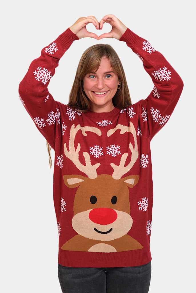 Womens Red Ugly Christmas Sweater with Rudolph the Reindeer