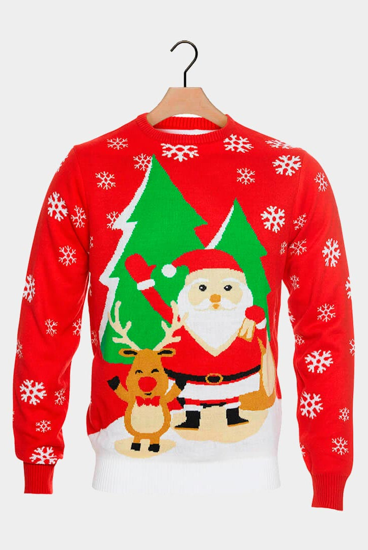 Red Ugly Christmas Sweater with Santa and Reindeer Greeting