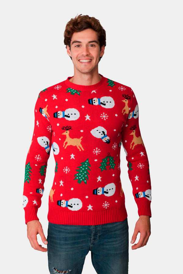 Mens Red Ugly Christmas Sweater with Santa, Trees and Snowmens