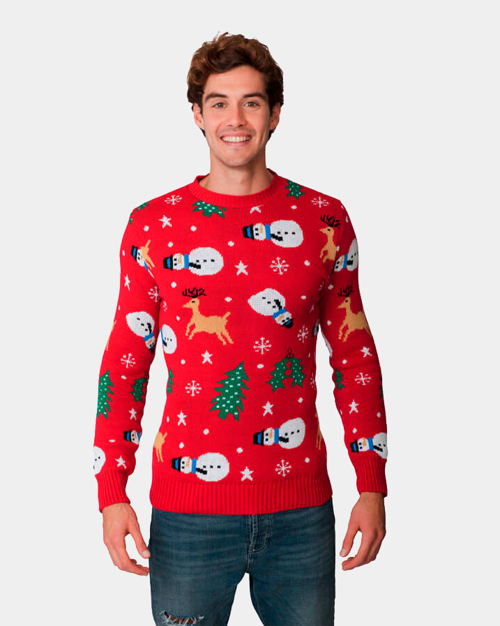 Mens Red Ugly Christmas Sweater with Santa, Trees and Snowmens