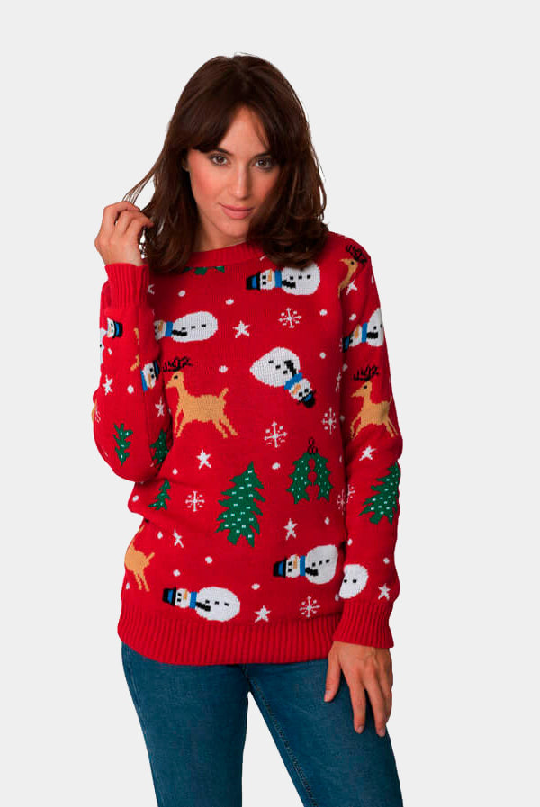 Womens Red Ugly Christmas Sweater with Santa, Trees and Snowmens