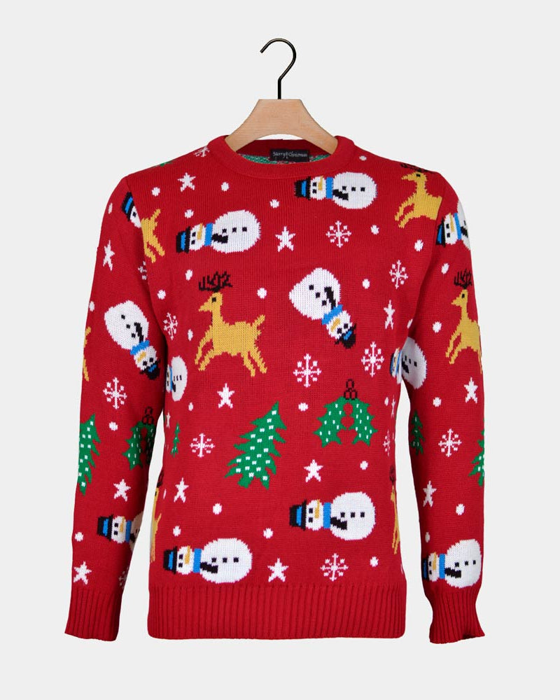 Red Ugly Christmas Sweater with Santa, Trees and Snowmens