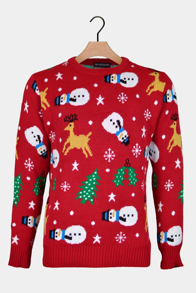 Red Ugly Christmas Sweater with Santa, Trees and Snowmens