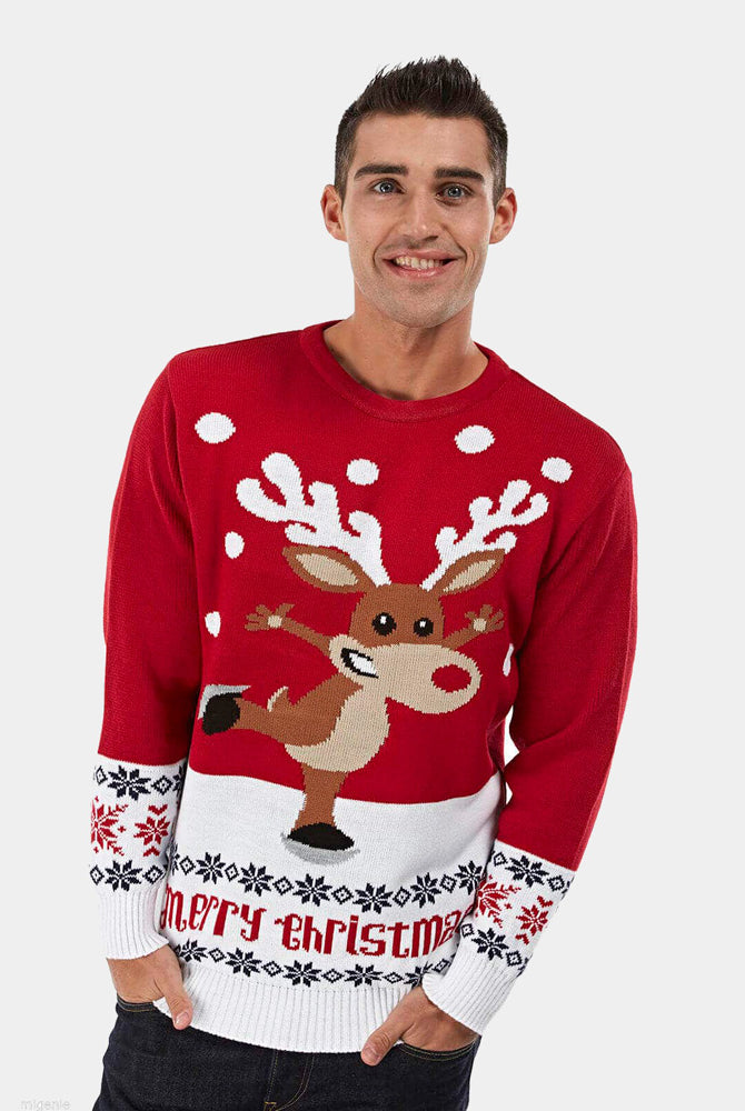 Mens Red Ugly Christmas Sweater with Skating Reindeer