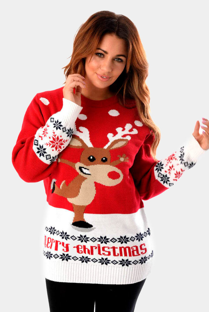 Womens Red Ugly Christmas Sweater with Skating Reindeer