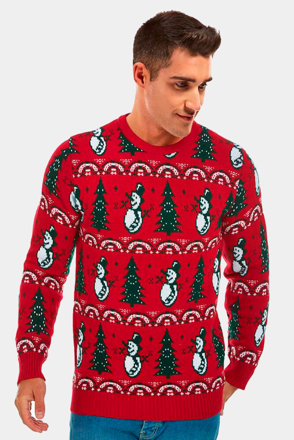 Mens Red Ugly Christmas Sweater with Trees and Snowmens