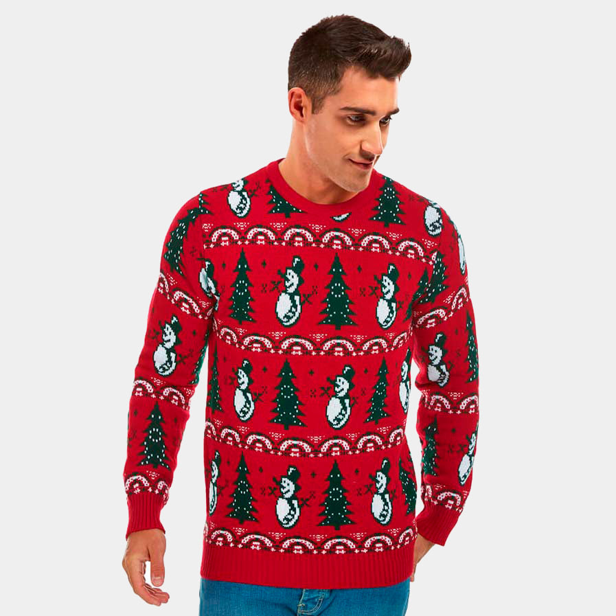 Mens Red Ugly Christmas Sweater with Trees and Snowmens