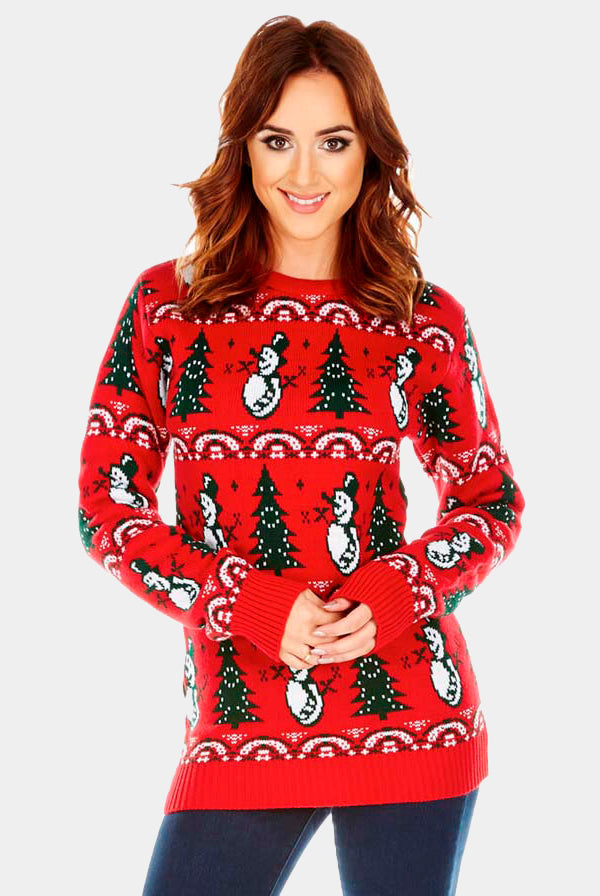 Womens Red Ugly Christmas Sweater with Trees and Snowmens