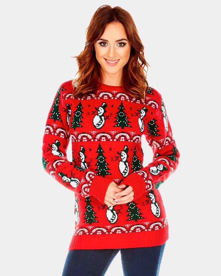 Womens Red Ugly Christmas Sweater with Trees and Snowmens