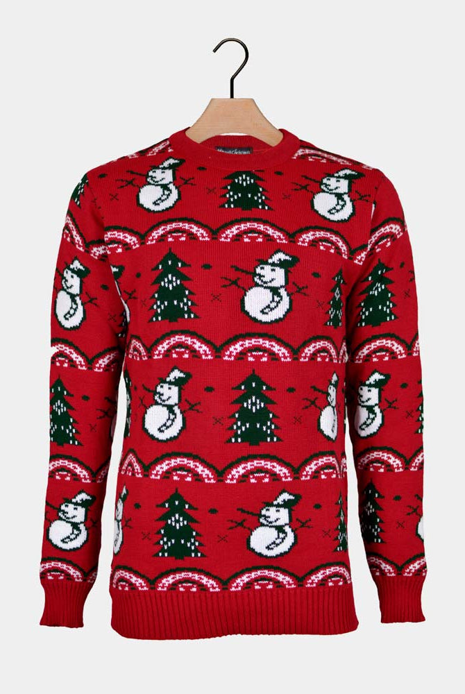 Red Ugly Christmas Sweater with Trees and Snowmens