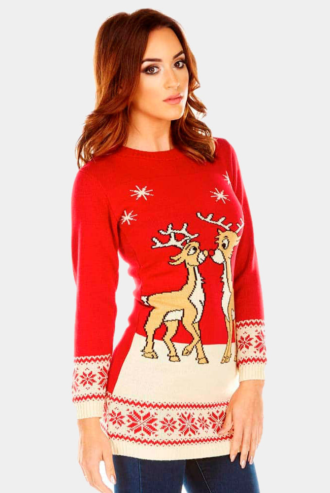 Red Womens Ugly Christmas Dress with Baby Reindeers