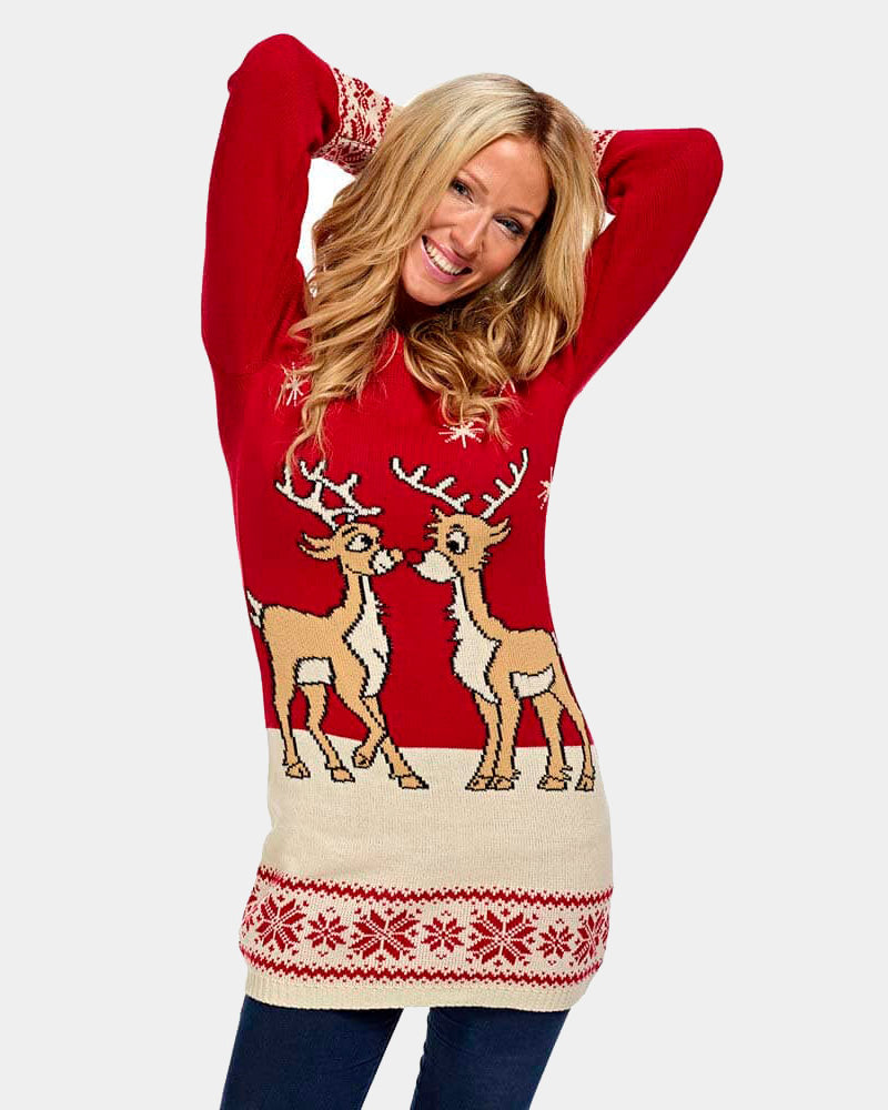 Red Ugly Christmas Dress with Baby Reindeers Womens