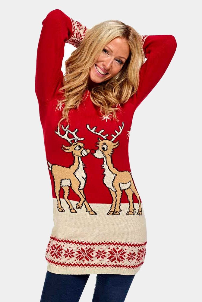 Red Ugly Christmas Dress with Baby Reindeers Womens