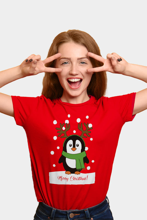 Red Mens Ugly Christmas T-Shirt with Penguin