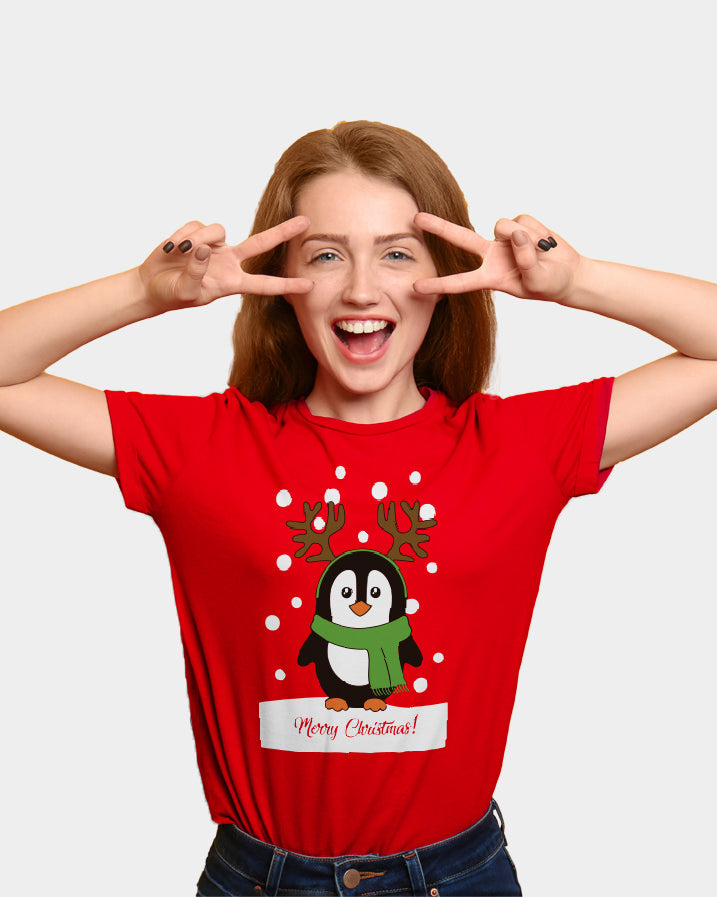 Red Mens Ugly Christmas T-Shirt with Penguin