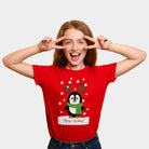 Red Mens Ugly Christmas T-Shirt with Penguin