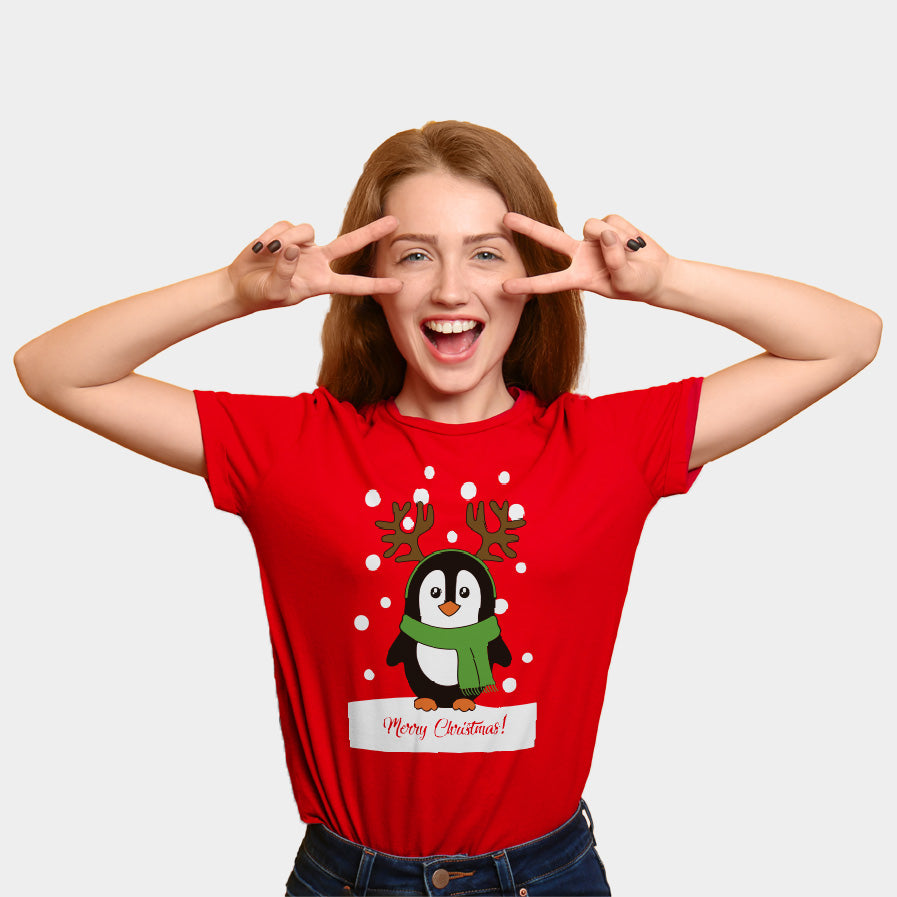 Red Mens Ugly Christmas T-Shirt with Penguin