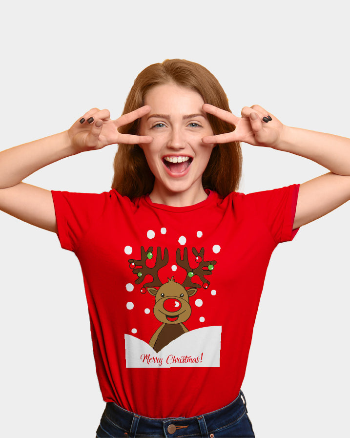 Red Mens Ugly Christmas T-Shirt with Rudolph Reindeer