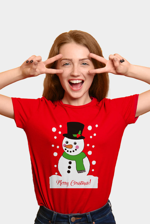 Red Womens Ugly Christmas T-Shirt with Snowman