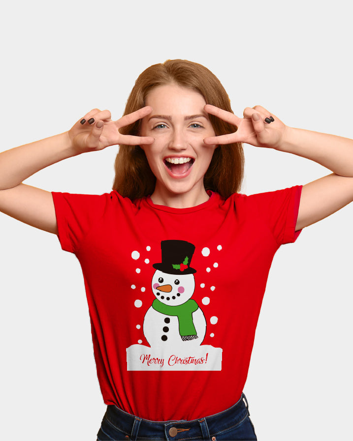 Red Womens Ugly Christmas T-Shirt with Snowman