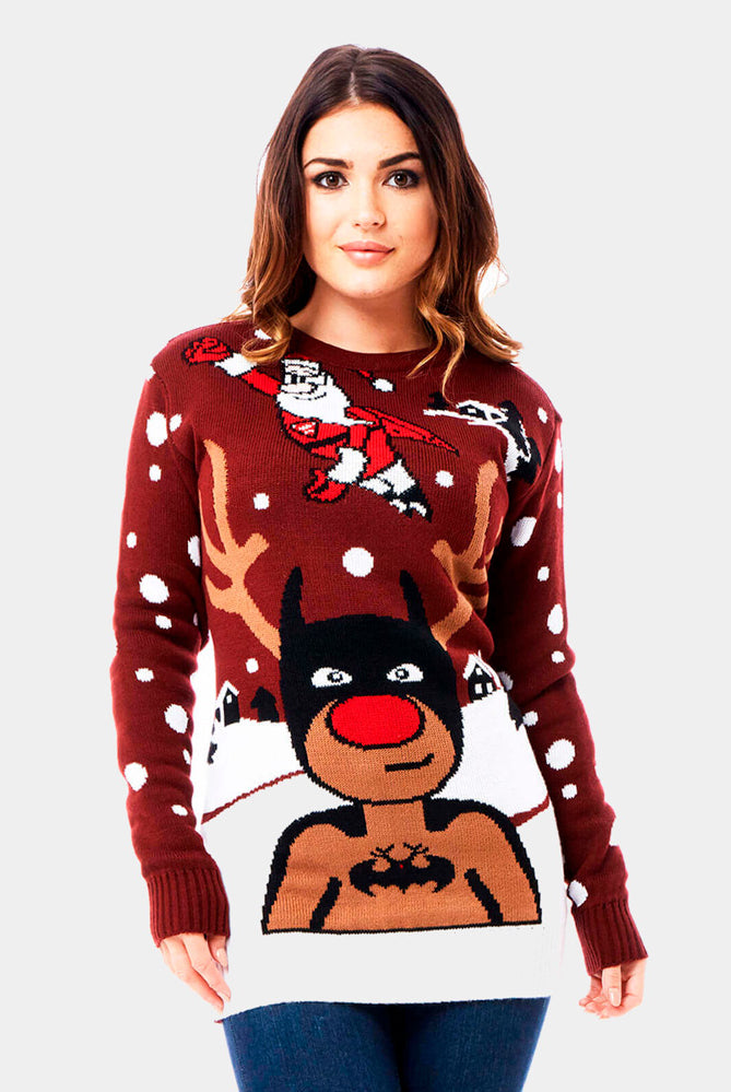 Womens Ugly Christmas Sweater with Batman Rudolph and Superman Santa