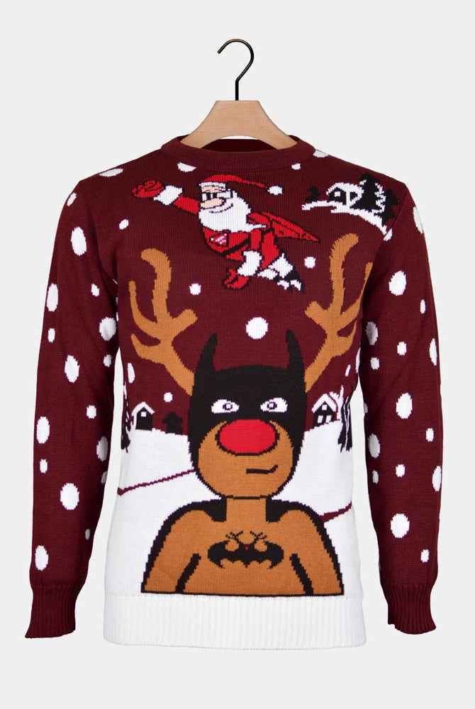 Ugly Christmas Sweater with Batman Rudolph and Superman Santa