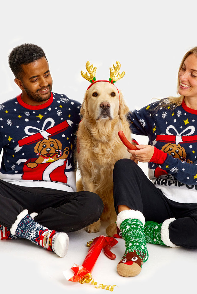 Ugly Christmas Sweater Feliz Navidog couple