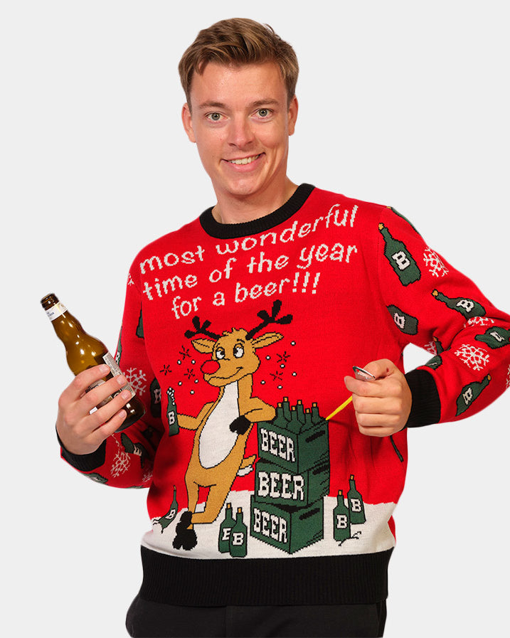 Mens Ugly Christmas Sweater with Reindeer + Beer Opener