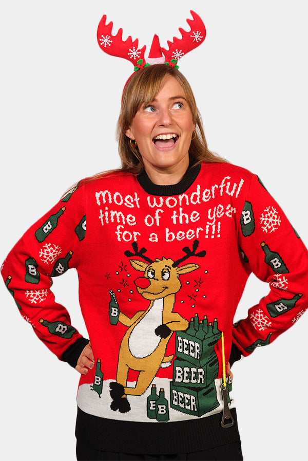 Womens Ugly Christmas Sweater with Reindeer + Beer Opener