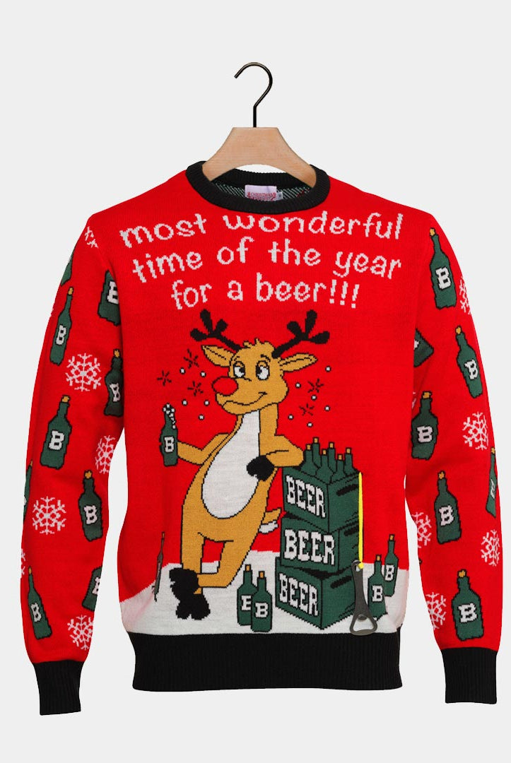 Ugly Christmas Sweater with Reindeer + Beer Opener