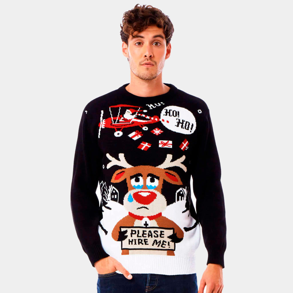 Mens Ugly Christmas Sweater with Reindeer looking for a Job