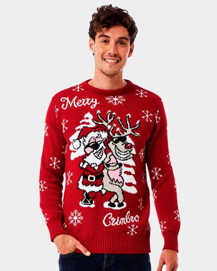 Mens Ugly Christmas Sweater Santa and Reindeer with Sunglasses