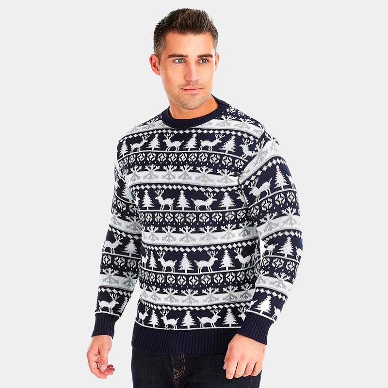 Mens Ugly Christmas Sweater with Reindeers and Trees Strips 2021