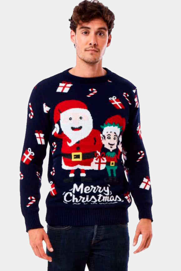 Mens Ugly Christmas Sweater with Santa and Elf