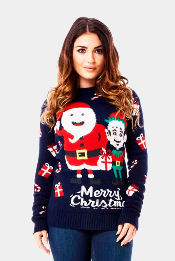Womens Ugly Christmas Sweater with Santa and Elf