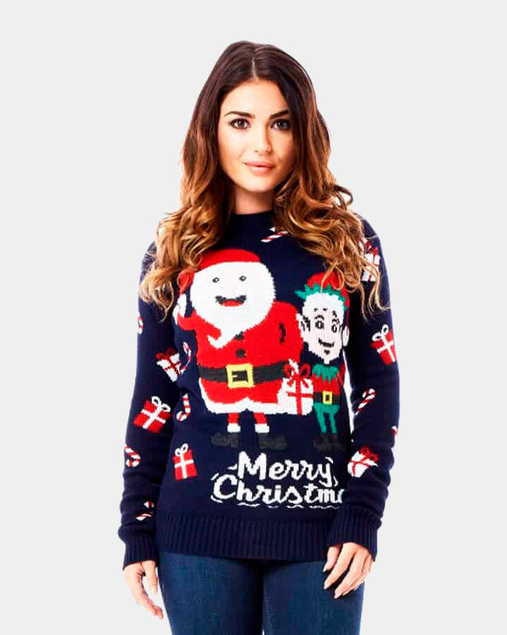 Womens Ugly Christmas Sweater with Santa and Elf