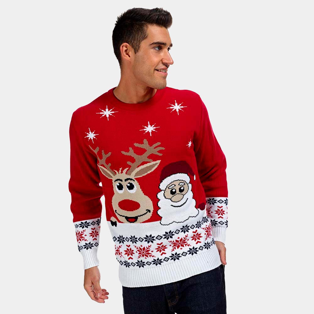 Mens Ugly Christmas Sweater with Santa and Rudolph Smiling 2021