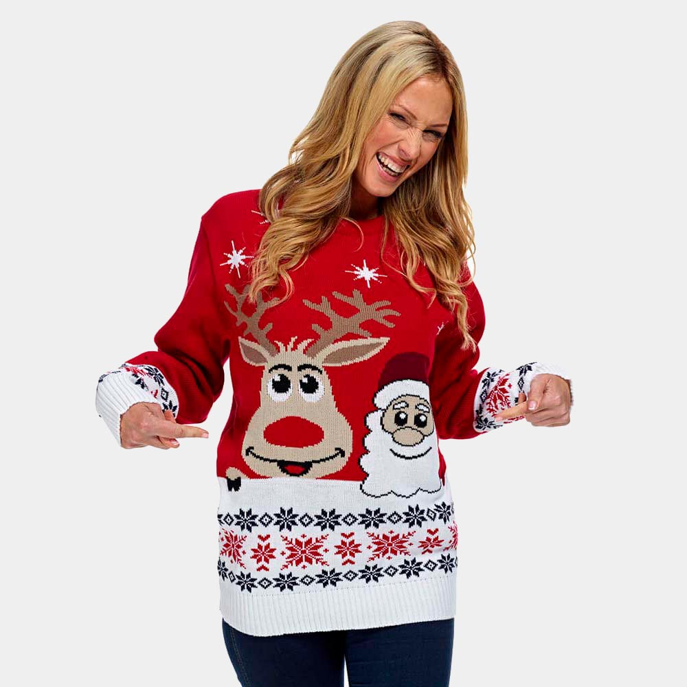 Womens Ugly Christmas Sweater with Santa and Rudolph Smiling 2021