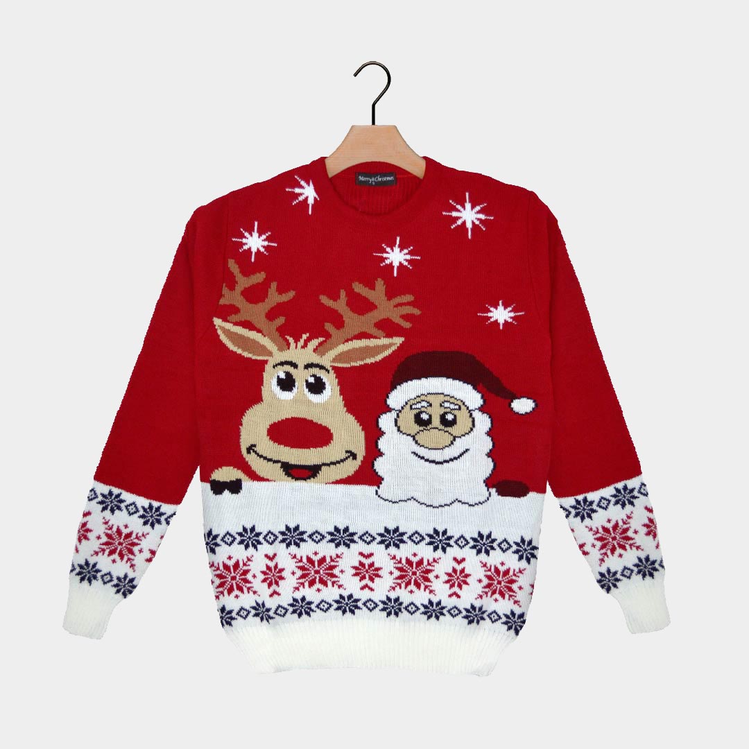 Ugly Christmas Sweater with Santa and Rudolph Smiling 2021
