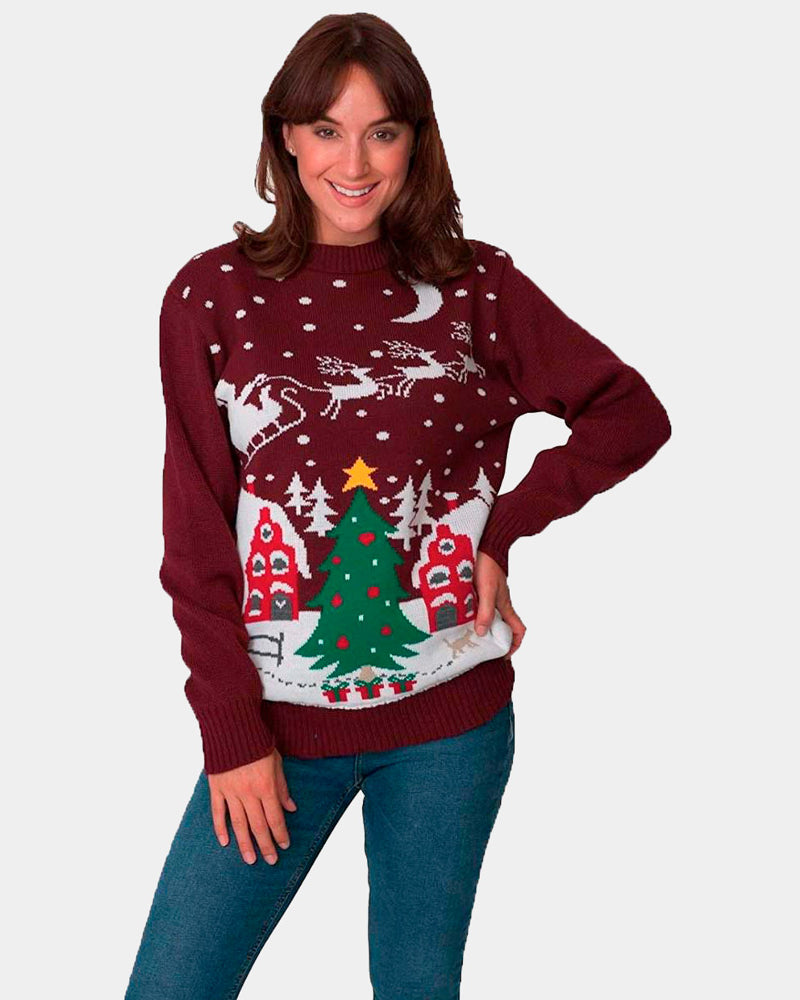 Womens Ugly Christmas Sweater Santa on Sleigh and Christmas Tree