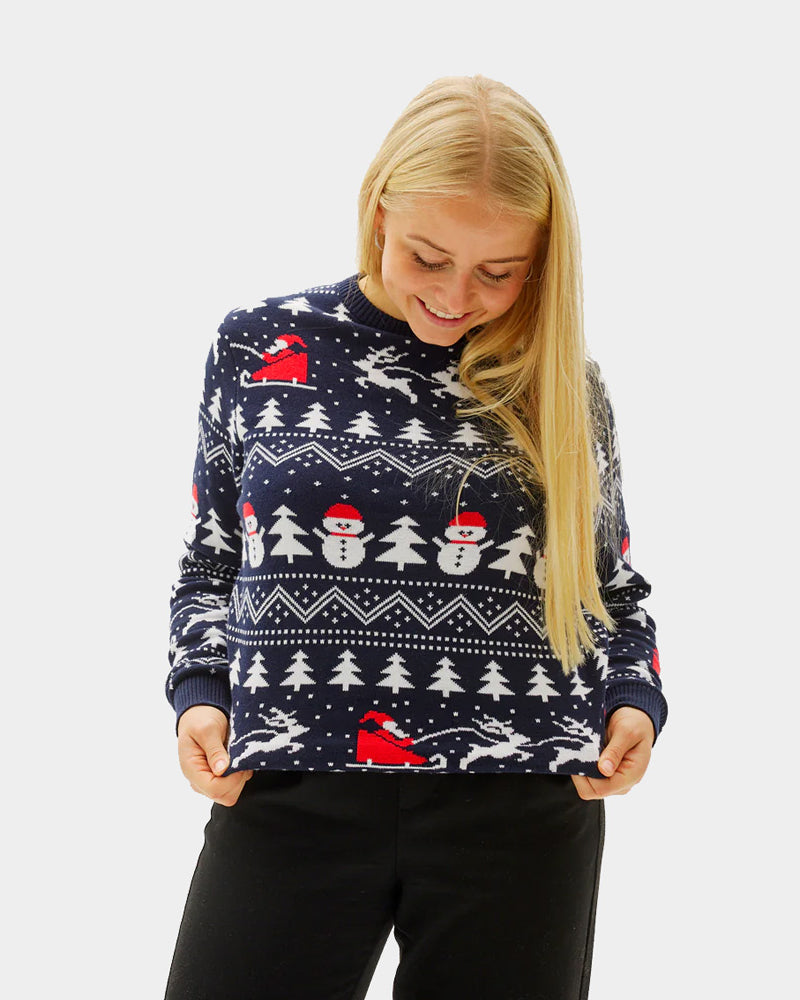 Womens Ugly Christmas Sweater with Trees, Snowmens and Santa