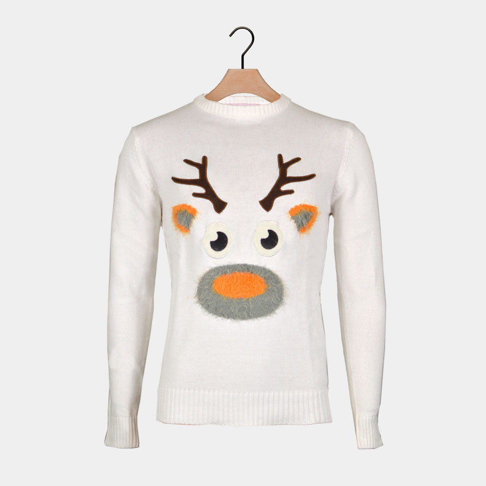 White 3D Boys and Girls Ugly Christmas Sweater with Hairy Reindeer