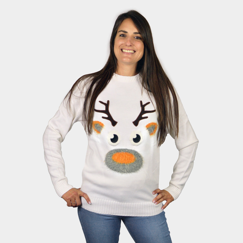 White 3D Family Ugly Christmas Sweater with Hairy Reindeer womens