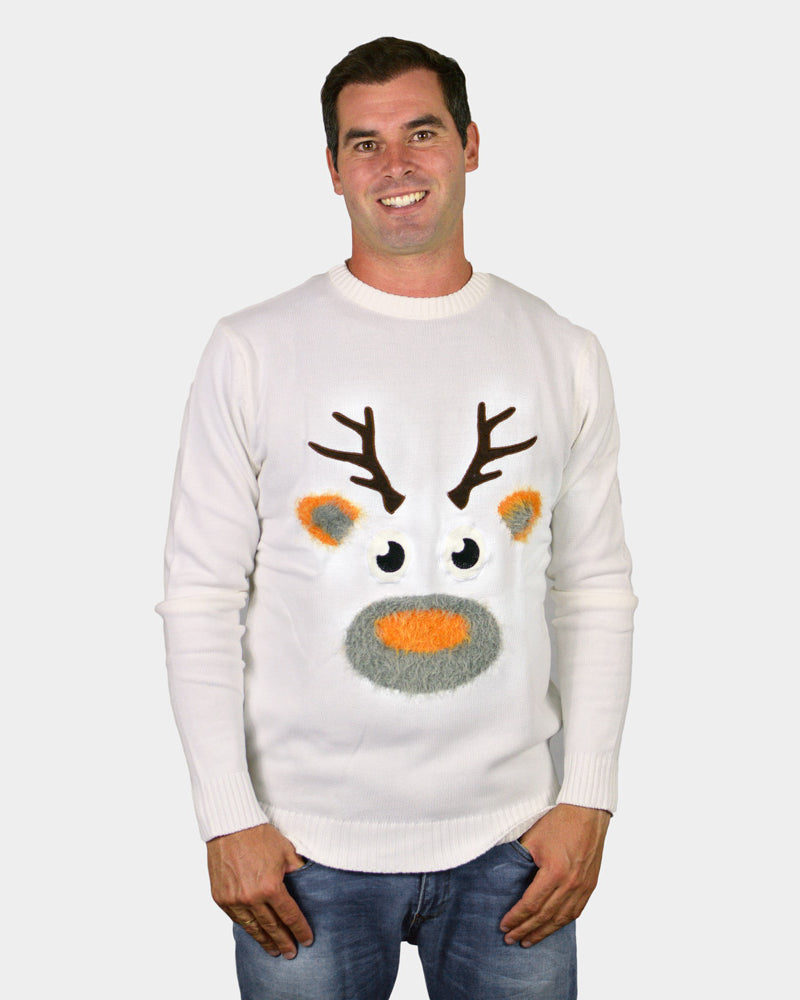 White 3D Ugly Christmas Sweater with Hairy Reindeer mens