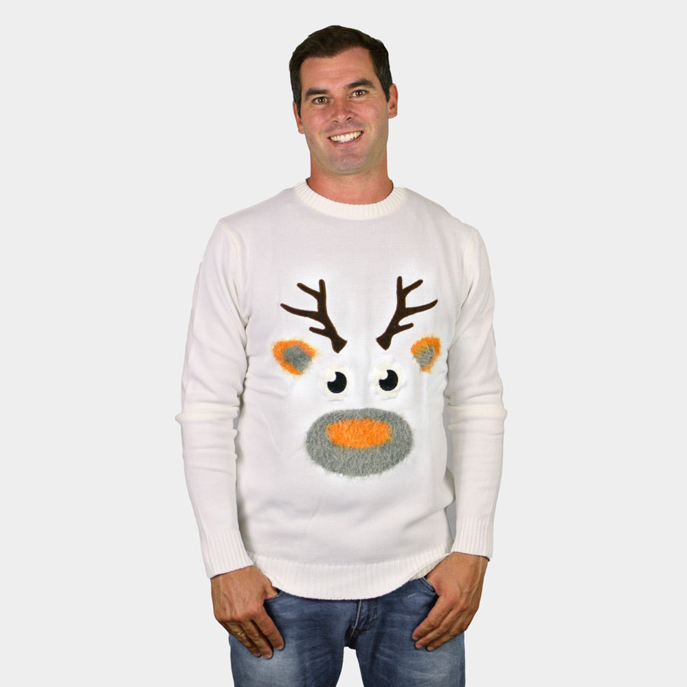 White 3D Ugly Christmas Sweater with Hairy Reindeer mens