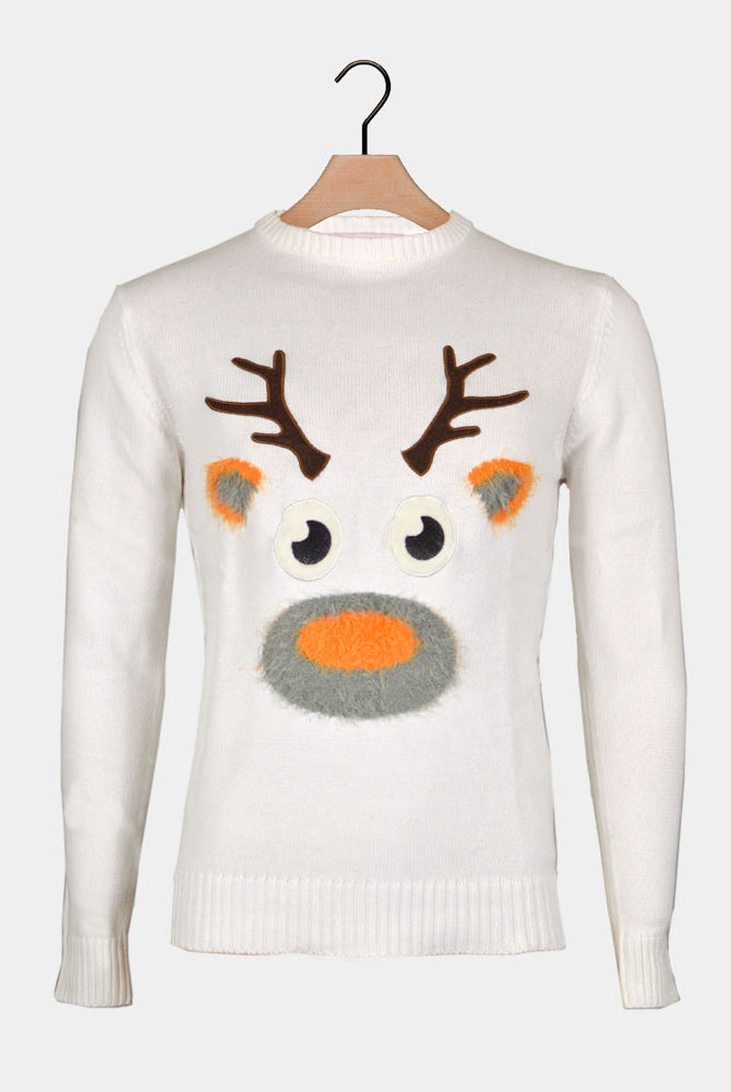 White 3D Ugly Christmas Sweater with Hairy Reindeer